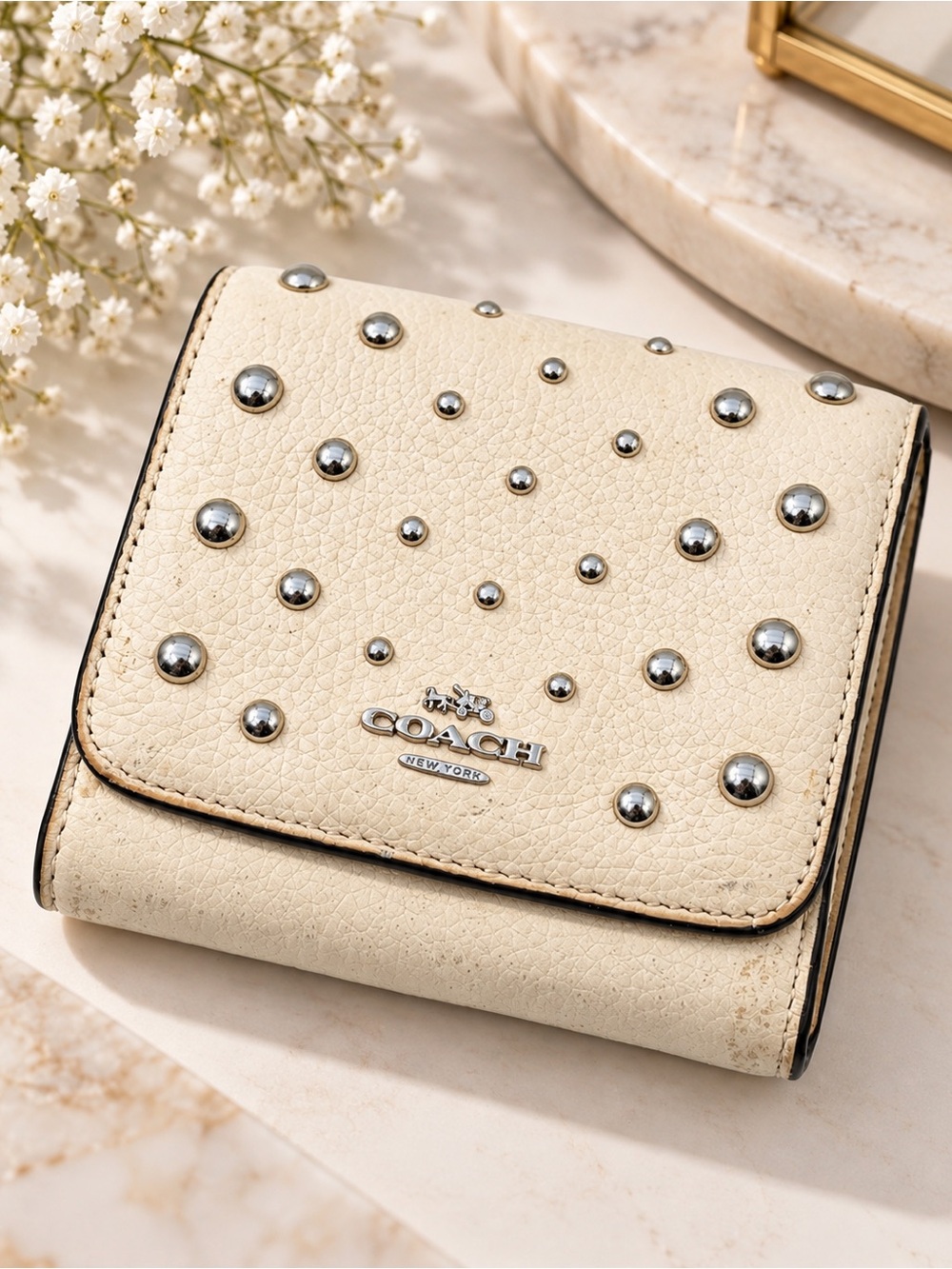 Vintage Coach New York Ivory Studded Leather Trifold Wallet Silver Hardware Y2K